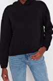 Kadın Moda Regular Kapüşonlu Düşük Kol Regular Normal Kalıp Basic Kalın İçi Polarlı Örme Sweatshirt