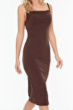 Yeni Slim Gündüz Gece Sandy Örme Degaje Yaka Askılı Kol Bodycone Midi Boy Elbise