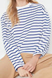 Kadın Moda Şık Oversize Bisiklet Yaka Düşük Kol Uzun Çizgili Geniş Kesim İnce Örme Sweatshirt