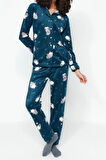 Kadın Moda Şık Gömlek Yaka Boru Paça Uzun Kol Penguen Desenli Polar Kışlık Örme Pijama Takımı