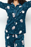 Kadın Moda Şık Gömlek Yaka Boru Paça Uzun Kol Penguen Desenli Polar Kışlık Örme Pijama Takımı