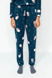 Kadın Moda Şık Gömlek Yaka Boru Paça Uzun Kol Penguen Desenli Polar Kışlık Örme Pijama Takımı