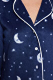 Kadın Moda Şık Ceket Yaka Boru Paça Uzun Kol Ay Desenli Polar Kışlık Örme Pijama Takımı