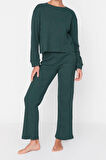 Kadın Moda Şık Bisiklet Yaka Boru Paça Uzun Kol Fitilli Örme Pijama Takımı
