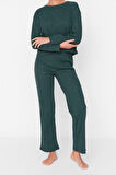 Kadın Moda Şık Bisiklet Yaka Boru Paça Uzun Kol Fitilli Örme Pijama Takımı