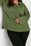 Kadın Büyük Beden Oversize Polo Yaka Düşük Kol Regular Fermuarlı Yüksek Yakalı İnce Örme Sweatshirt
