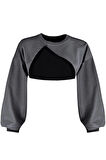 Kadın Moda Şık Crop Bisiklet Yaka Düşük Kol Crop Asimetrik Super Crop İnce Örme Sweatshirt