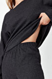Kadın Moda Şık Bisiklet Yaka Boru Paça Uzun Kol Waffle Kumaş Örme Pijama Takımı
