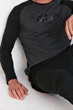 Erkek Pamuk Polyester Bisiklet Yaka Uzun Kol Siyah Baskılı Reglan Kol Örme Pijama Takımı