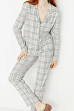 Kadın Moda Şık Gömlek Yaka Boru Paça Uzun Kol %100 Pamuklu Ekoseli Örme Pijama Takımı