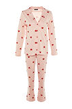 Kadın Moda Şık Ceket Yaka Boru Paça Uzun Kol %100 Pamuklu Kalp Desenli Örme Pijama Takımı