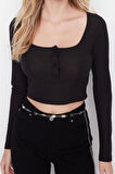 Kadın Moda Şık Crop Kare Yaka Slim Kalıp Örme Düğme Detaylı Fitted Vücuda Oturan Fitilli Esnek Bluz