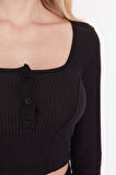 Kadın Moda Şık Crop Kare Yaka Slim Kalıp Örme Düğme Detaylı Fitted Vücuda Oturan Fitilli Esnek Bluz