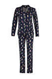 Kadın Moda Gömlek Yaka Boru Paça Uzun Kol %100 Pamuk Penguen Desenli Kış Temalı Örme Pijama Takımı