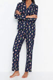 Kadın Moda Gömlek Yaka Boru Paça Uzun Kol %100 Pamuk Penguen Desenli Kış Temalı Örme Pijama Takımı