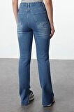 Kadın Moda Şık Kot Pantolon Boru Paça Regular Boy Denim Lacivert Yırtmaçlı Yüksek Bel Jeans