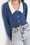 Kadın Moda Şık Crop Bebe Yaka Regular Süper Crop Gömlek Yaka Garnili Triko Hırka