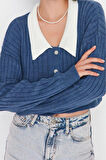 Kadın Moda Şık Crop Bebe Yaka Regular Süper Crop Gömlek Yaka Garnili Triko Hırka