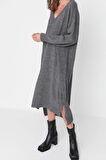 Yeni Oversize Casual Günlük Selanik Triko V Yaka Uzun Kol Shift Maxi Boy Elbise