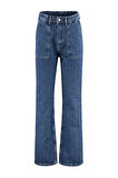 Kadın Moda Şık Kot Pantolon Geniş Paça Regular Boy Denim Lacivert Cep Detaylı Yüksek Bel Jeans