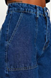 Kadın Moda Şık Kot Pantolon Geniş Paça Regular Boy Denim Lacivert Cep Detaylı Yüksek Bel Jeans