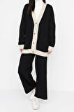 Kadın Moda Şık Geniş Paça Regular Boy Uzun Kollu Şerit Detaylı Hırka-Pantolon Triko Takım