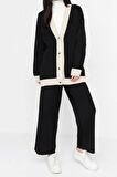 Kadın Moda Şık Geniş Paça Regular Boy Uzun Kollu Şerit Detaylı Hırka-Pantolon Triko Takım
