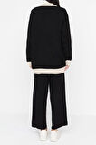 Kadın Moda Şık Geniş Paça Regular Boy Uzun Kollu Şerit Detaylı Hırka-Pantolon Triko Takım