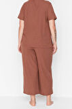 Büyük Beden Kadın Pamuk Polyester V Yaka Kısa Kol Fitilli V Yaka Capri Boy Örme Pijama Takımı