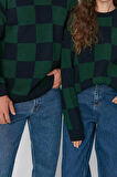 Erkek Regular Bisiklet Yaka Uzun Kol Ekose / Kareli Unisex Oversize Geniş Kalıp Kareli Triko Kazak