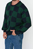 Erkek Regular Bisiklet Yaka Uzun Kol Ekose / Kareli Unisex Oversize Geniş Kalıp Kareli Triko Kazak