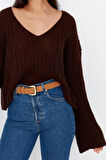 Kadın Moda Şık V Yaka Standart Kol Crop Yünlü Geniş Kalıp Basic Triko Kazak