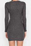 Yeni Slim Casual Günlük Rejenere Kaşkorse Örme Kare Yaka Uzun Kol Bodycone Mini Boy Elbise
