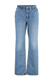 Kadın Moda Şık Kot Pantolon Geniş Paça Regular Boy Denim Mavi Düşük Bel Jeans