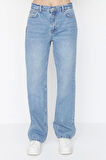 Kadın Moda Şık Kot Pantolon Geniş Paça Regular Boy Denim Mavi Düşük Bel Jeans