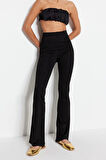 Kadın Moda İspanyol Paça Uzun Boy Örme Nervürlü Beli Lastikli Flare Yüksek Bel Örme Pantolon