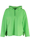 Kadın Moda Şık Bol Kapüşonlu Düşük Kol Uzun Kalın Polar ve Fermuarlı Geniş Kalıp Örme Sweatshirt