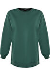 Kadın Oversize Bisiklet Yaka Düşük Kol Uzun Geniş Kalıp Yırtmaç Kalın İçi Polarlı Örme Sweatshirt