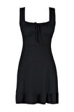 Yeni Regular Casual Günlük Polyester Kaşkorse Örme Kare Yaka Kolsuz Kol A-Line Mini Boy Elbise