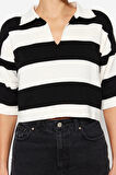 Kadın Moda Şık Crop Polo Yaka Truvakar Kol Kol Çizgili Crop Polo Yaka Basic Triko Kazak