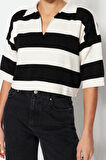Kadın Moda Şık Crop Polo Yaka Truvakar Kol Kol Çizgili Crop Polo Yaka Basic Triko Kazak