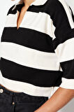 Kadın Moda Şık Crop Polo Yaka Truvakar Kol Kol Çizgili Crop Polo Yaka Basic Triko Kazak