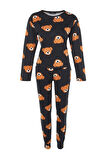 Kadın Moda Şık Bisiklet Yaka Boru Paça Uzun Kol %100 Pamuklu Ayıcık Desenli Örme Pijama Takımı