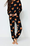 Kadın Moda Şık Bisiklet Yaka Boru Paça Uzun Kol %100 Pamuklu Ayıcık Desenli Örme Pijama Takımı