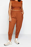 Kadın Yeni Moda Büyük Beden Dar Paça Regular Boy Örme Havuç Fit Beli Lastikli Örme Pantolon