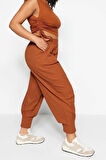 Kadın Yeni Moda Büyük Beden Dar Paça Regular Boy Örme Havuç Fit Beli Lastikli Örme Pantolon