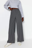 Kadın Yeni Moda Geniş Paça Uzun Boy Dokuma Antrasit Palazzo Extra Geniş Paça Pantolon