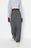 Kadın Yeni Moda Geniş Paça Uzun Boy Dokuma Antrasit Palazzo Extra Geniş Paça Pantolon