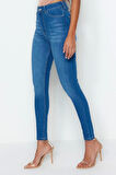 Kadın Moda Şık Kot Pantolon Dar Paça Regular Boy Denim Mavi İncelten Etki Yüksek Bel Skinny Jeans