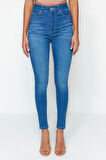 Kadın Moda Şık Kot Pantolon Dar Paça Regular Boy Denim Mavi İncelten Etki Yüksek Bel Skinny Jeans